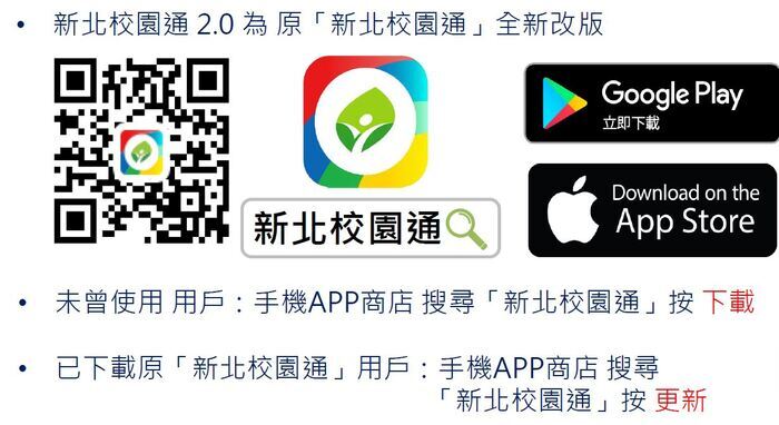 新北校園通 APP 宣傳海報，包含各項功能圖示