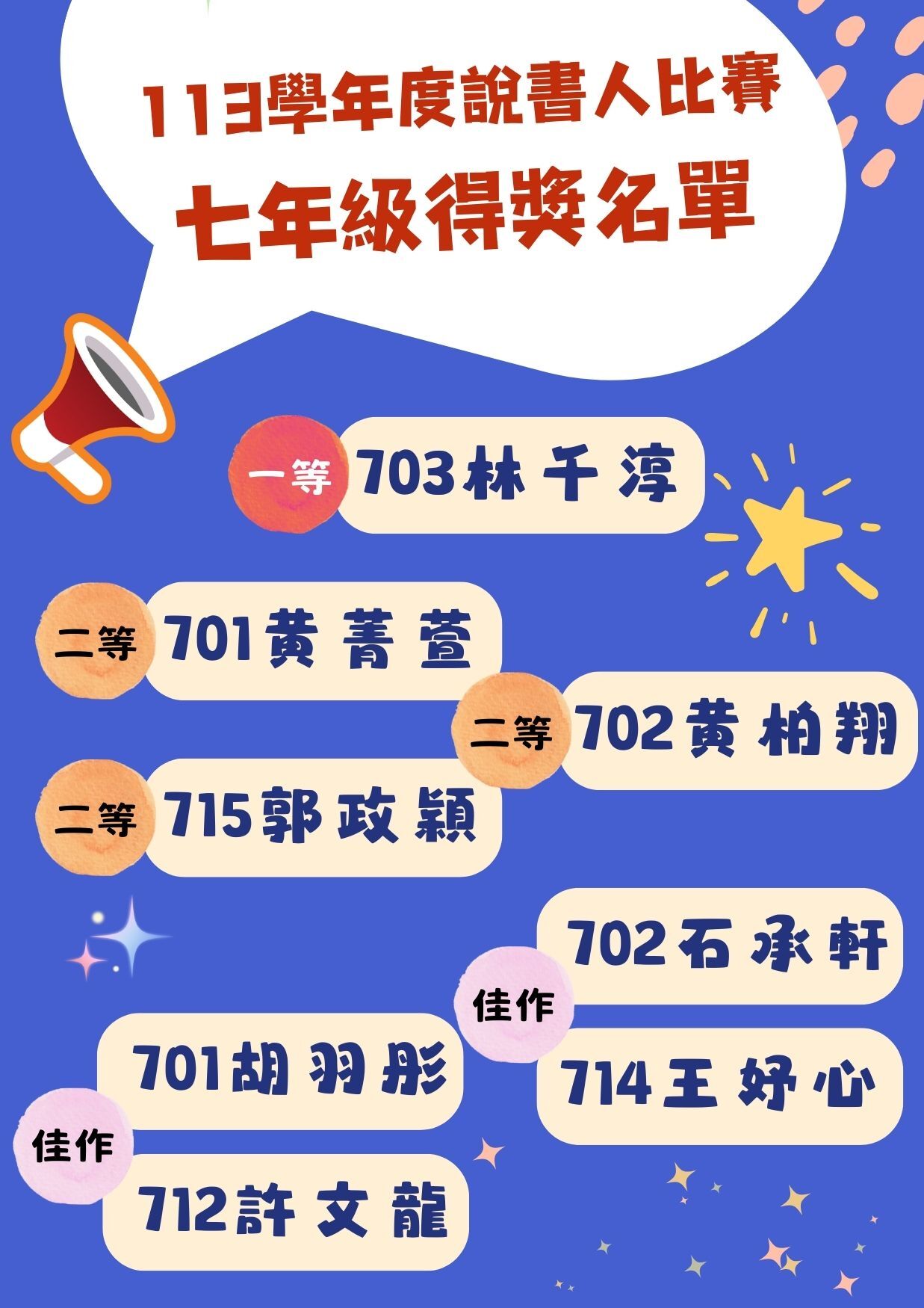 七年級得獎名單